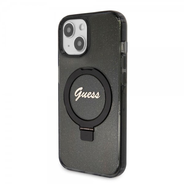 Guess iPhone 15 Deksel Ring Stand Glitter MagSafe Svart
