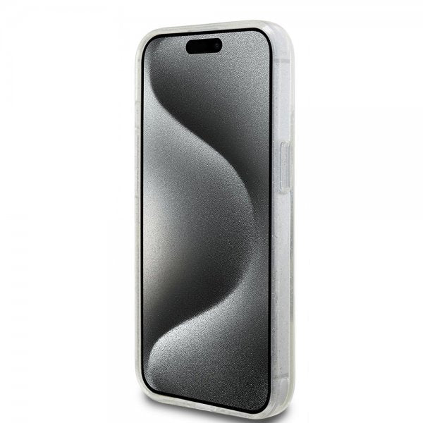 Guess iPhone 15 Deksel Ring Stand Glitter MagSafe Transparent