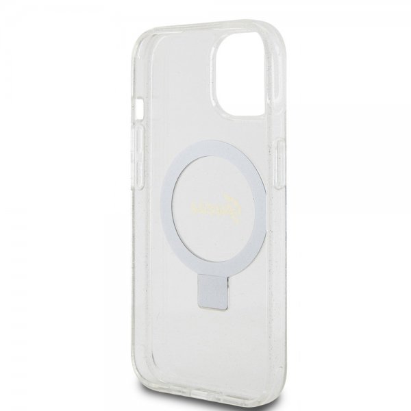 Guess iPhone 15 Deksel Ring Stand Glitter MagSafe Transparent