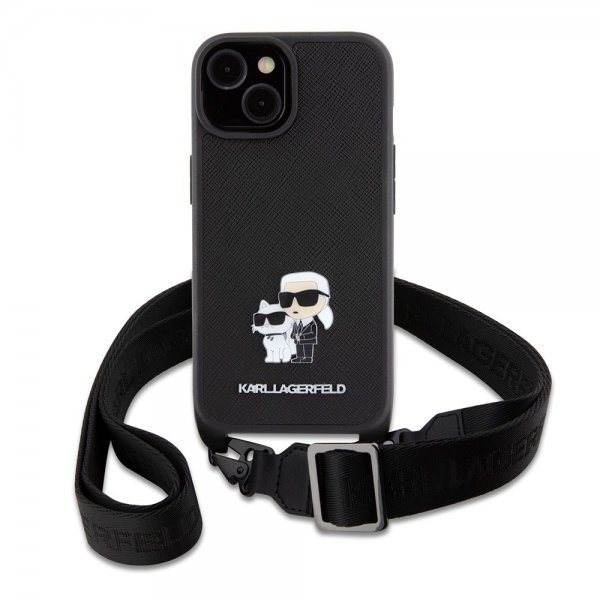 Karl Lagerfeld iPhone 15 Deksel Saffiano Karl & Choupette Crossbody Svart
