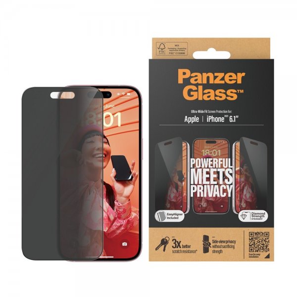 PanzerGlass iPhone 15 Skjermbeskytter Ultra-Wide Fit Privacy EasyAligner