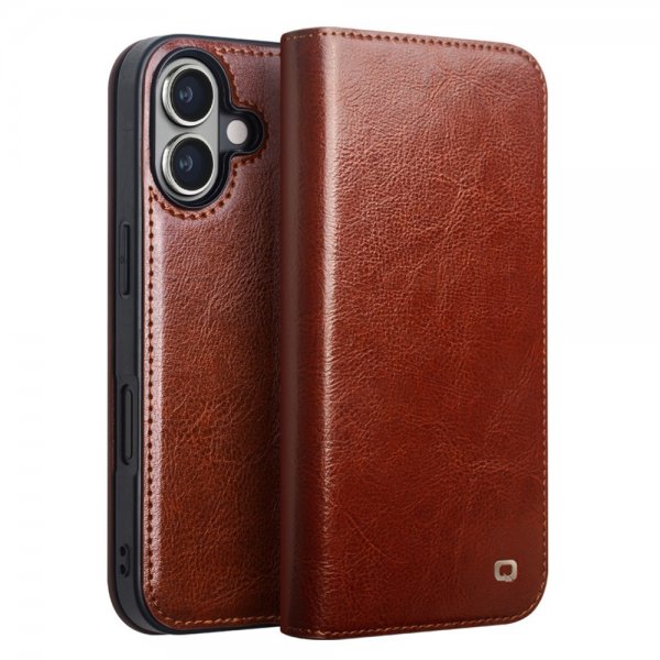 Qialino iPhone 16 Etui Ekte Skinn Brun