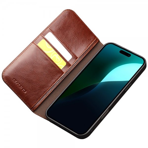 Qialino iPhone 16 Etui Ekte Skinn Brun