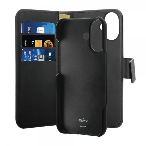 Puro iPhone 16 Etui Wallet Detachable 2 in 1 Svart