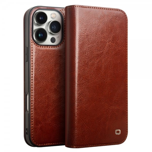 Qialino iPhone 16 Pro Etui Ekte Skinn Brun