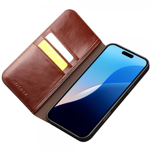 Qialino iPhone 16 Pro Etui Ekte Skinn Brun