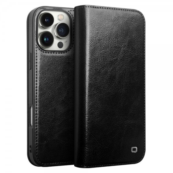 Qialino iPhone 16 Pro Max Etui Ekte Skinn Svart