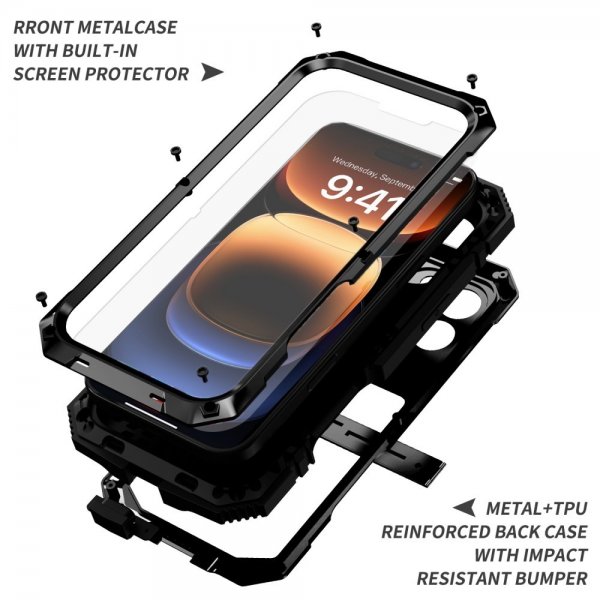R-JUST iPhone 16 Pro Deksel Metall Støtsikker Svart
