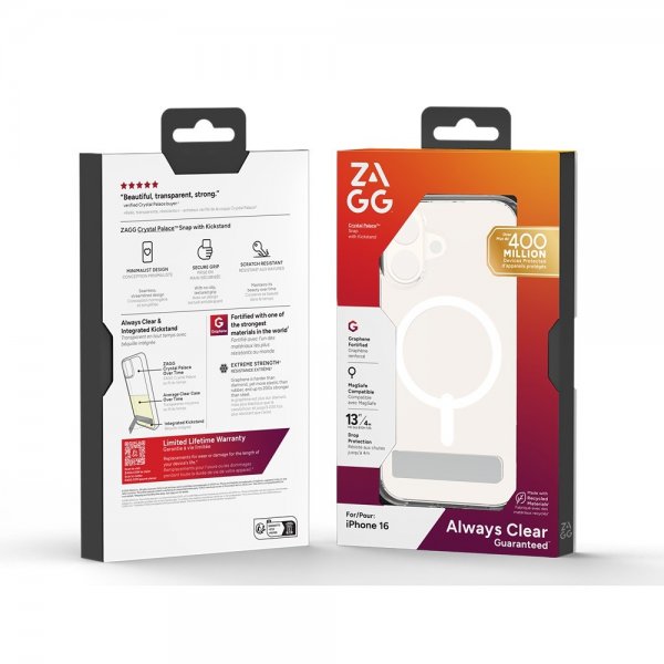 Zagg iPhone 16 Deksel Crystal Palace Snap Kickstand Transparent
