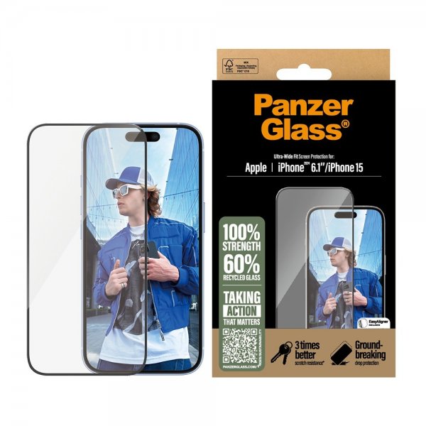 PanzerGlass iPhone 15/iPhone 16 Skjermbeskytter Ultra-Wide Fit EasyAligner