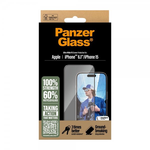 PanzerGlass iPhone 15/iPhone 16 Skjermbeskytter Ultra-Wide Fit EasyAligner