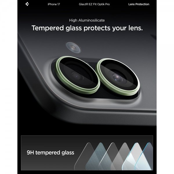 Spigen iPhone 17 Kamerabeskytter GLAS.tR EZ Fit Optik Pro 2-pakning Grønn