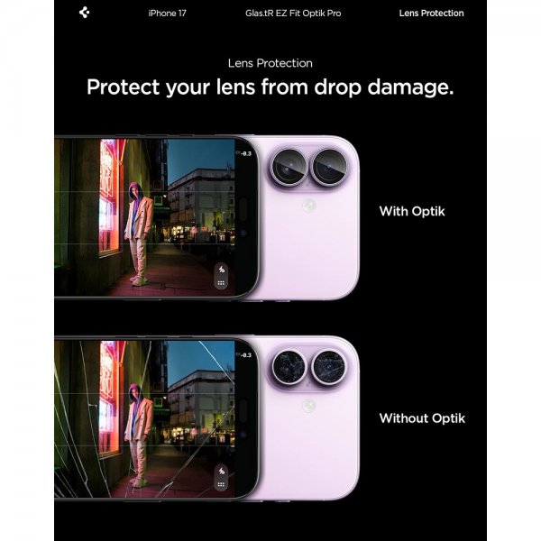 Spigen iPhone 17 Kamerabeskytter GLAS.tR EZ Fit Optik Pro 2-pakning Lilla
