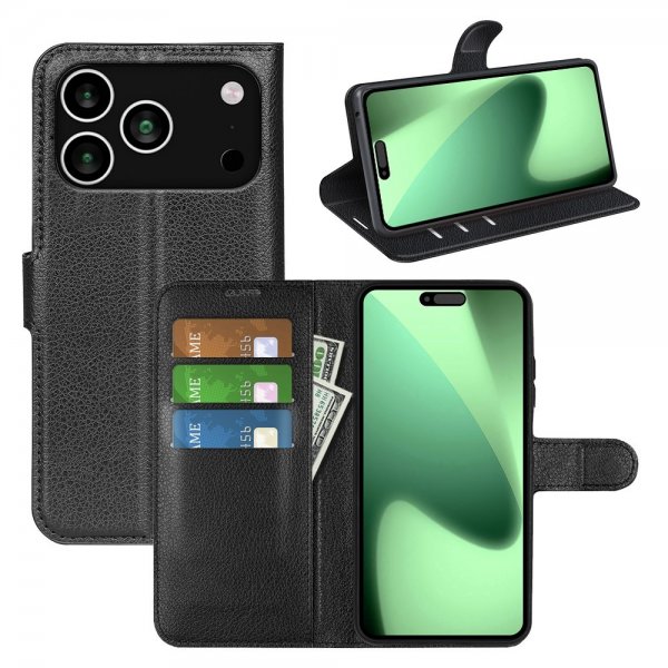 iPhone 17 Pro Etui Litchi Svart