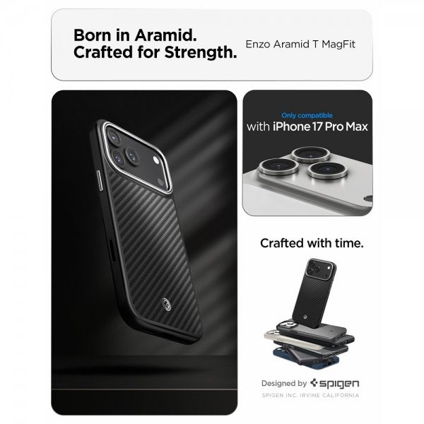 Spigen iPhone 17 Pro Max Deksel Enzo Aramid T MagFit Svart Sølv