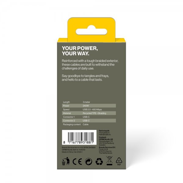 Aqiila Kabel Cablebird CB13 USB-C/USB-C 240W 3m Svart