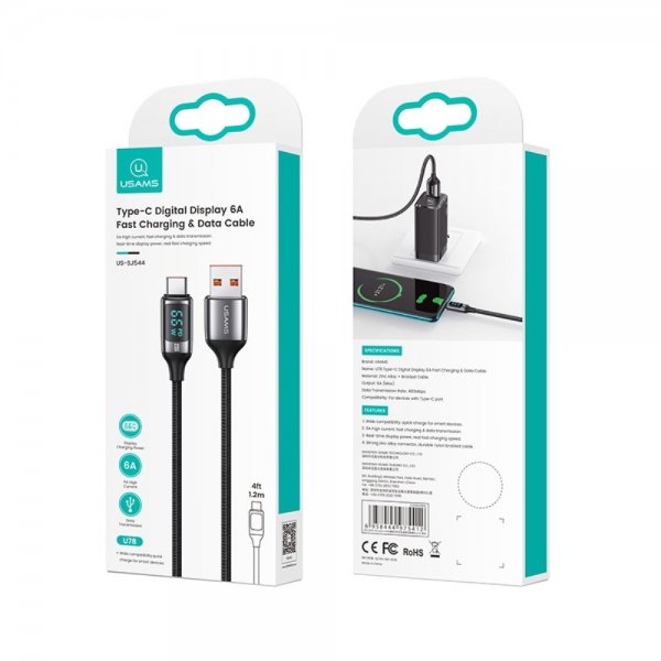 USAMS Kabel U78 Display USB-A/USB-C 1.2 m Svart