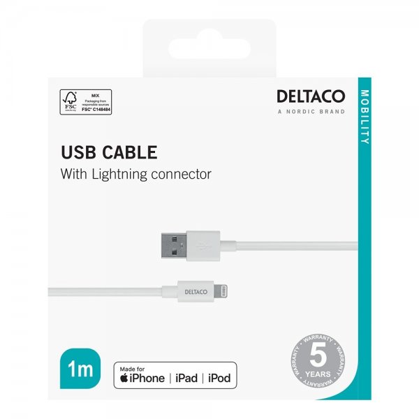 Deltaco Kabel USB-A Cable with Lightning Connector 1m Hvit