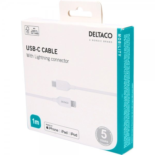 Deltaco Kabel USB-C Cable with Lightning Connector 1m Hvit