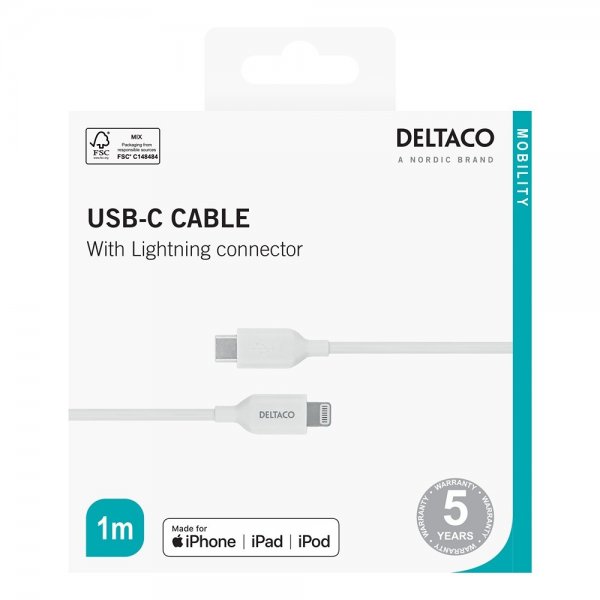 Deltaco Kabel USB-C Cable with Lightning Connector 1m Hvit