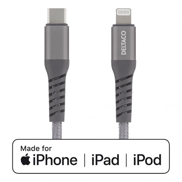 Deltaco Kabel USB-C Lightning 1m Stoff Grå