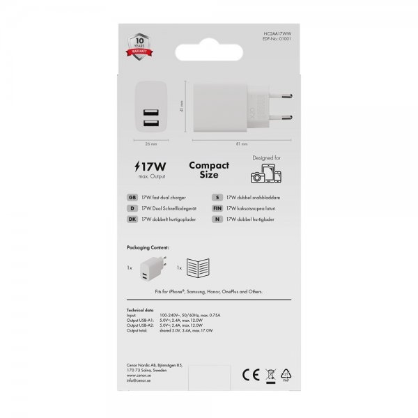 X2O Lader 17W Double USB-A/USB-A Hvit