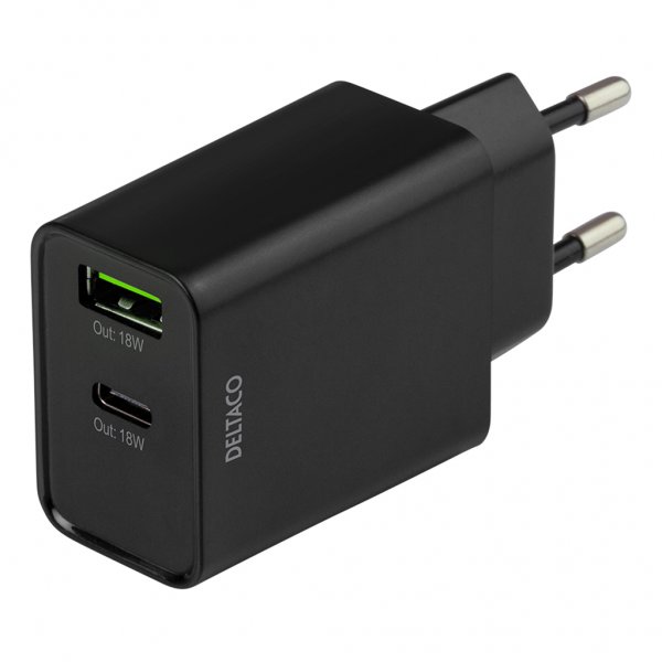 Deltaco Lader 18W USB-C PD & USB-A Svart