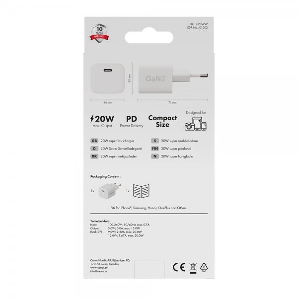 X2O Lader 20W USB-C GaN Hvit