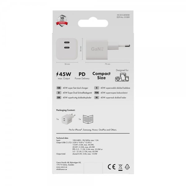 X2O Lader 45W Double USB-C GaN Hvit