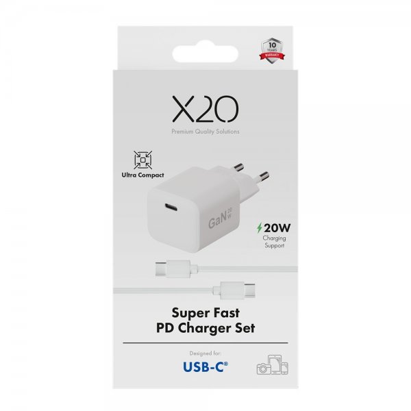 X2O Lader med Kabel 1.2m 20W USB-C GaN Hvit