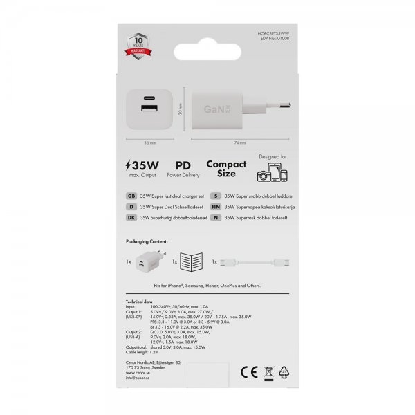 X2O Lader med Kabel 1.2m 35W USB-C/USB-A GaN Hvit