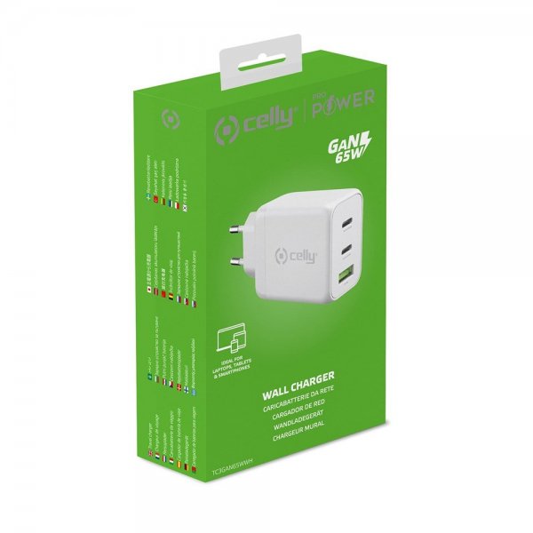Celly Lader TC3GAN65W 2xUSB-C/USB-A GaN 65W Hvit