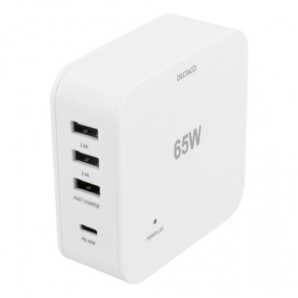 Deltaco Lader USB-C PD 45W & USB-A 18W Quickcharge Hvit