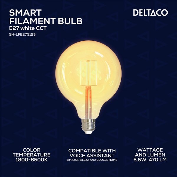 Deltaco Smart Home LED-pære Filament E27 WiFi G125 5.5W