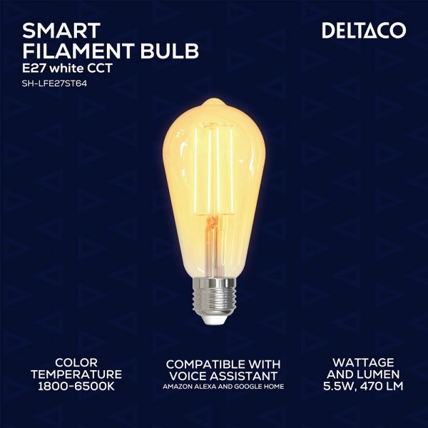 Deltaco Smart Home LED filamentpære E27 WiFi ST64 5.5W