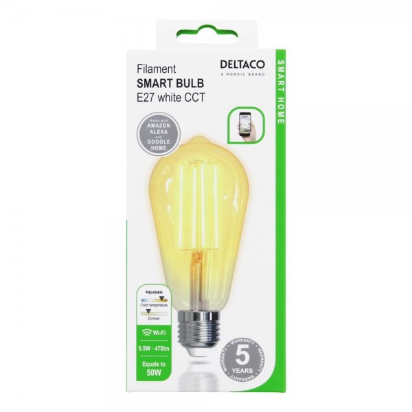 Deltaco Smart Home LED filamentpære E27 WiFi ST64 5.5W