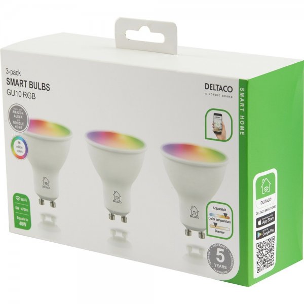 Deltaco Smart Home LED-pære GU10 WiFi 5W RGB 3-pakning