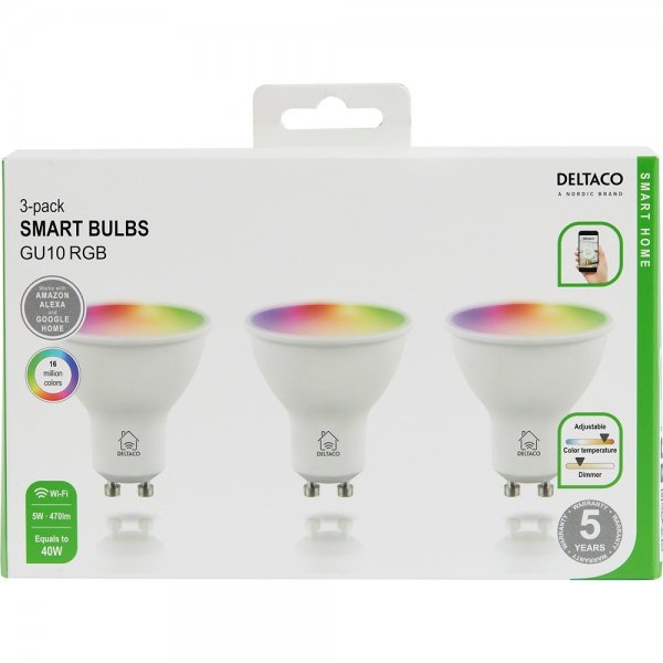 Deltaco Smart Home LED-pære GU10 WiFi 5W RGB 3-pakning