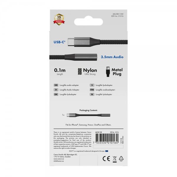 X2O Lyd Adapter USB-C til 3.5mm AUX 0.1m Svart