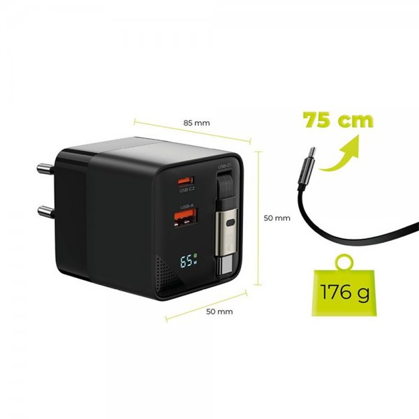 Mobile Origin Lader Display GaN 65W Innebygd USB-C Kabel