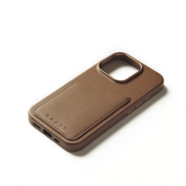 Mujjo iPhone 16 Pro Deksel Full Leather Wallet Case Dark Tan