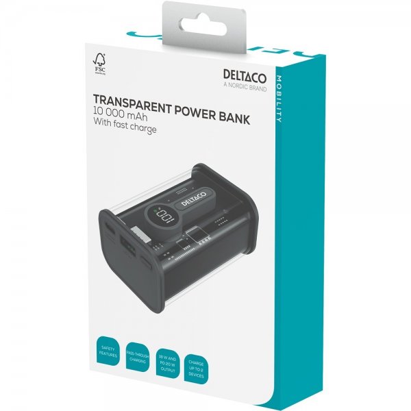 Deltaco Powerbank Transparent 10 000 mAh Fast Charge Svart