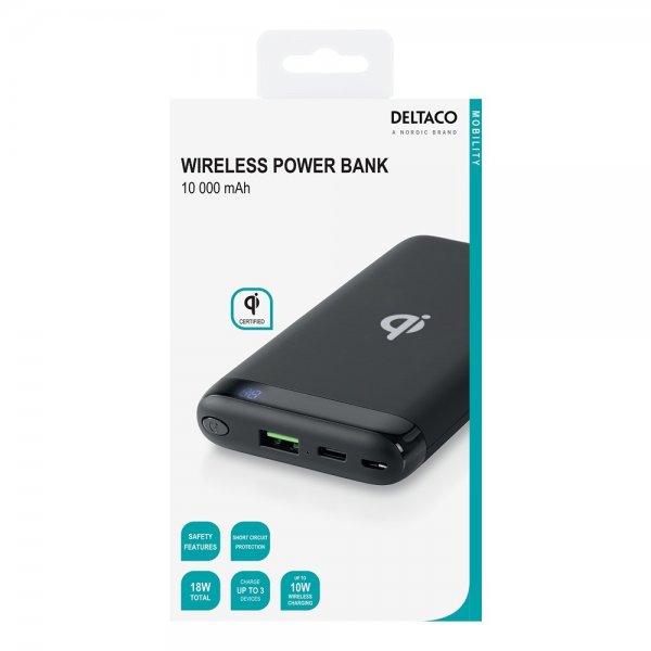 Deltaco Powerbank Wireless 10 000 mAh Svart