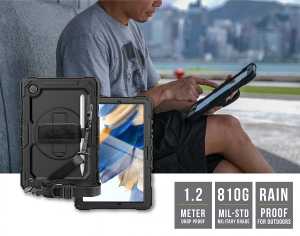 Armor-X Samsung Galaxy Tab A8 Deksel Rainproof Rugged Case Hand Strap Kickstand