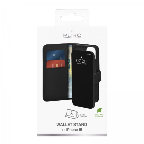 Puro iPhone 15 Etui Wallet Stand Svart