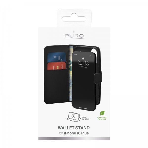 Puro iPhone 16 Plus Etui Wallet Stand Svart