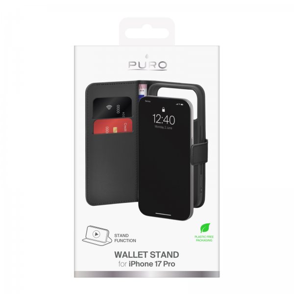 Puro iPhone 17 Pro Etui Wallet Stand Svart