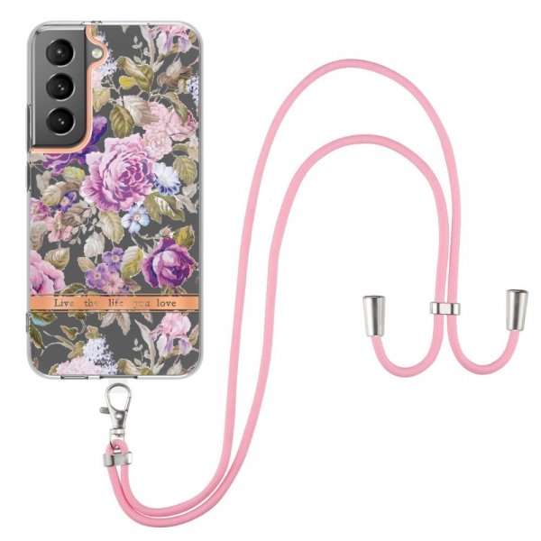 Samsung Galaxy S22 Plus Deksel Blomstermønster Stropp Lilla Pioner