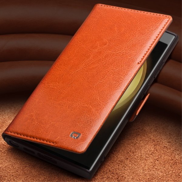 Qialino Samsung Galaxy S23 Etui Ekte Skinn Mørkebrun