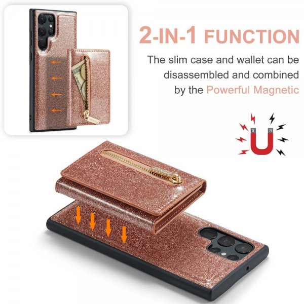 Dg.Ming Samsung Galaxy S23 Ultra Deksel M3 Series Avtakbart Kortholder Glitter Rosegull